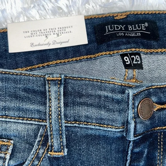 Judy Blue Distressed Blue Jeans with Red Plaid Accents - Picture 2 of 6